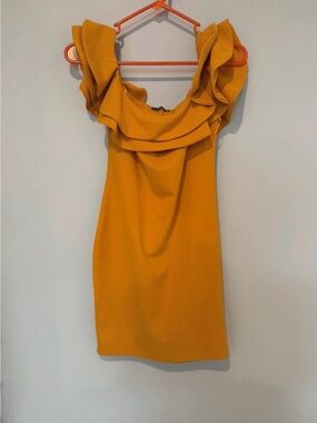 Mind Code Ruffled Off-Shoulder Mini Dress in Mustard